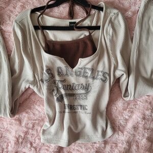 SHEIN Cream and Brown Long Sleeve Tee